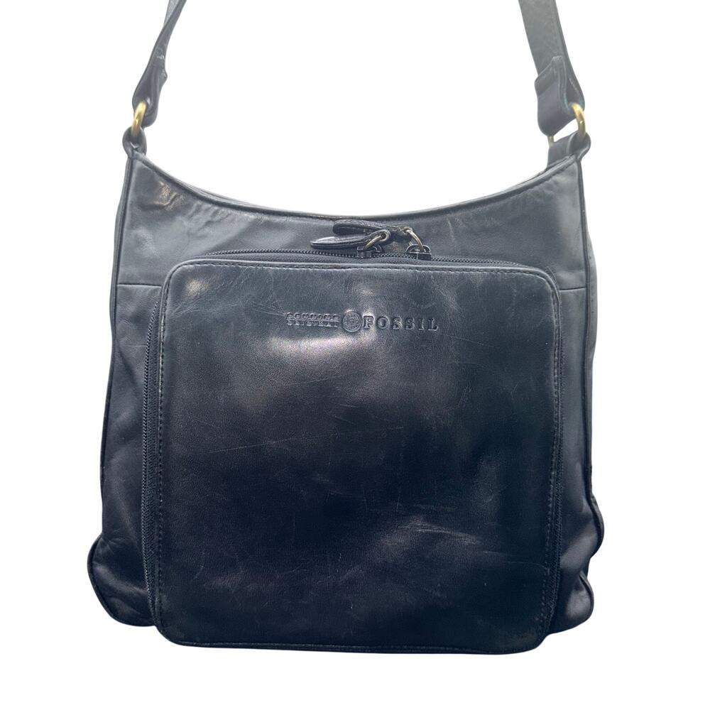 Fossil Black Leather Shoulder Bag Hobo Purse Organizer Pocket Y2K Vintage